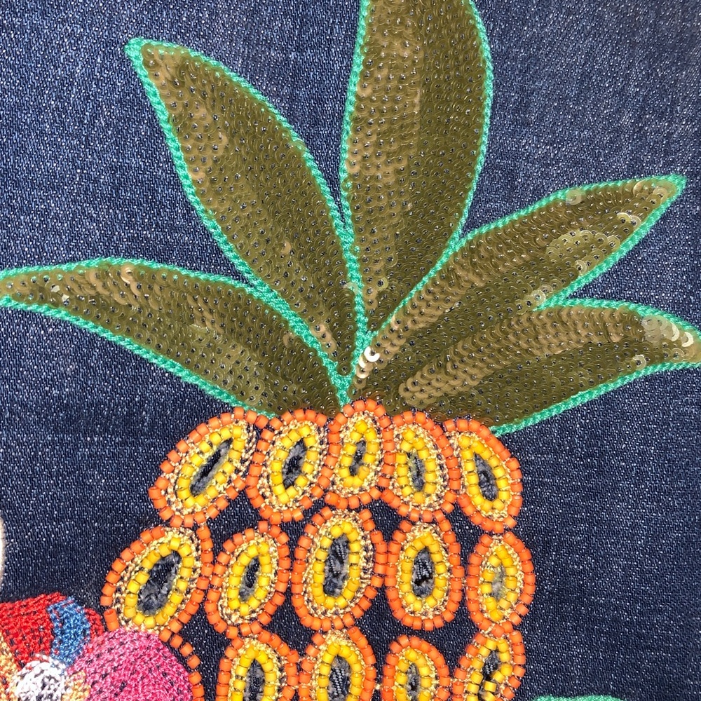 Signature Embroidered Chico's Navy Blue Denim Button Up Stretch Jacket - Picture 6 of 16